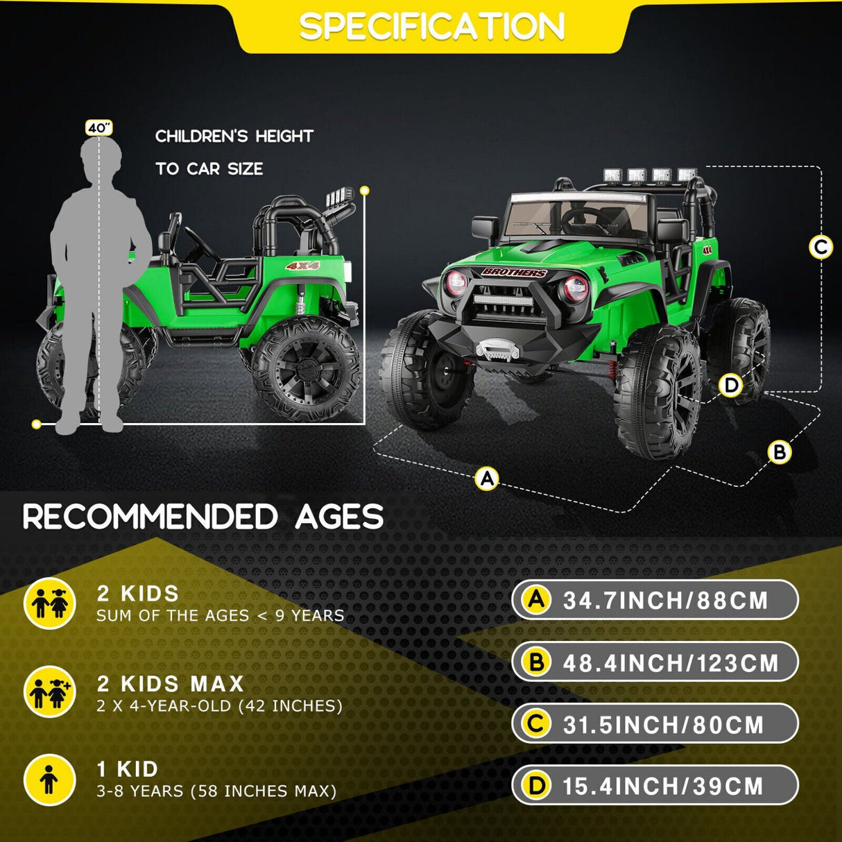 Electric 2-Seater Kids Jeep with 400W Motor, LED Lights, and 24V Battery