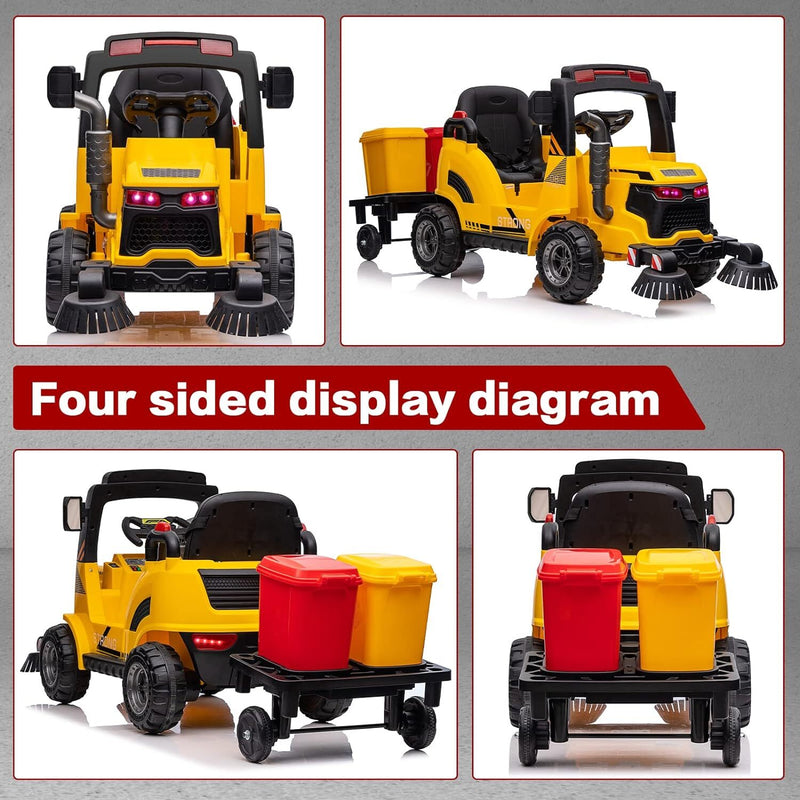 12V Kids Ride-On Construction Sweeper Truck with Trailer and Rubbish Bin Toy Car