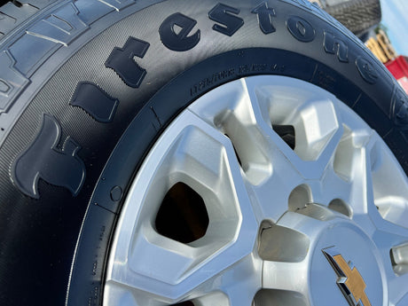 18" Chevy Silverado 2500 3500 OEM 5959 wheels rims FIRESTONE H/T2 Texas Truck Tire