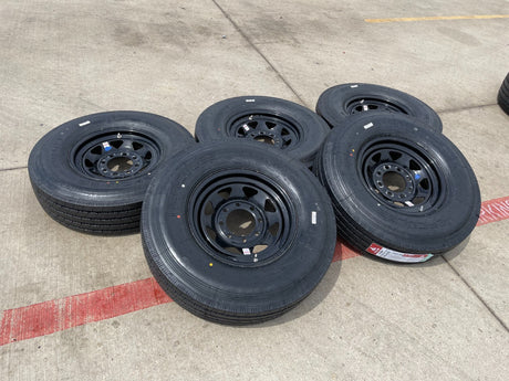 (5) 16x6 16" Dexstar Steel Trailer Gloss Black Wheels Rims Tires 14 PLY 8x6.5 Texas Truck Tire