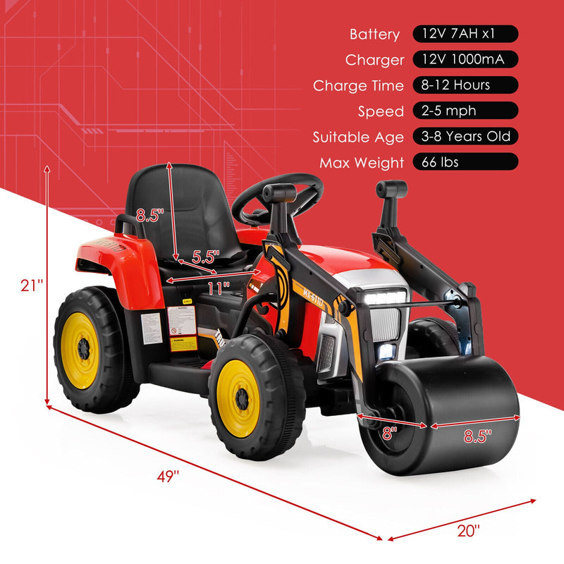 12V Electric Tractor for Kids with Remote Control, Music, and LED Lights - Red