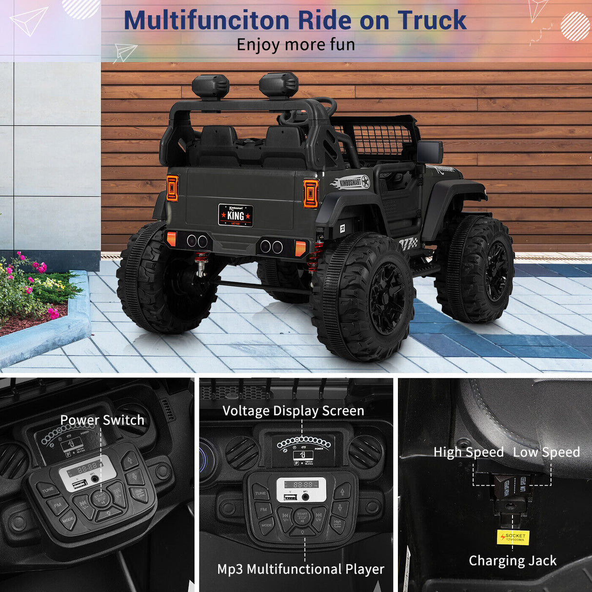Kimbosmart 24V Electric Battery-Powered Children's Ride-On Vehicle Truck Featuring LED Lights, MP3 Player, and Bluetooth Connectivity