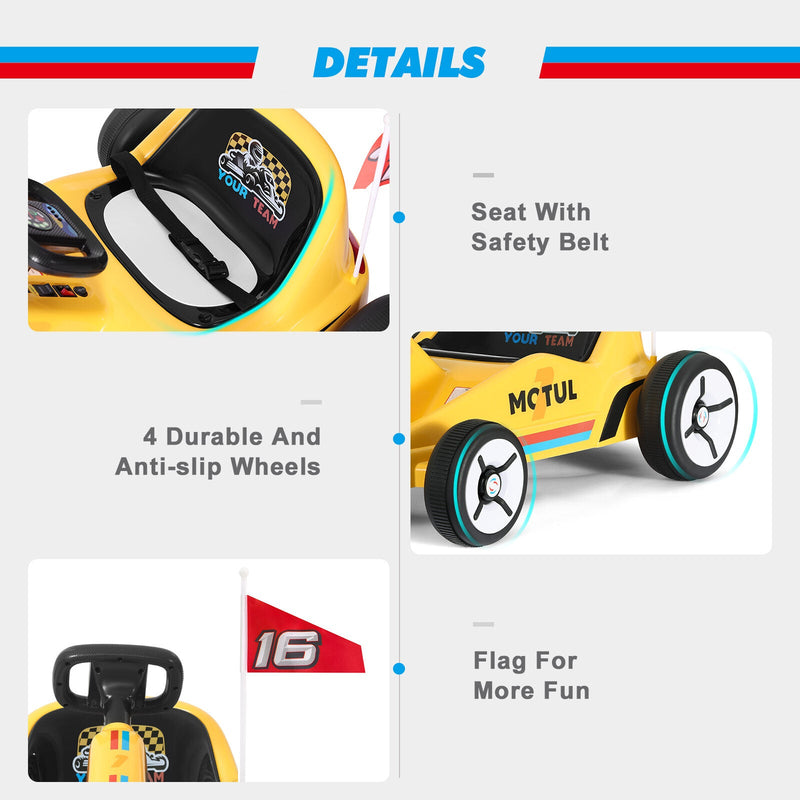 Yellow 12V Battery-Powered Kids Electric Ride-On Go-Kart with 3 Speeds, Music, and Remote Control