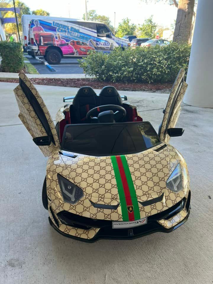 12V Lamborghini Aventador SVJ Children's Ride-On Sports Car with Remote Control and Gucci Wrap