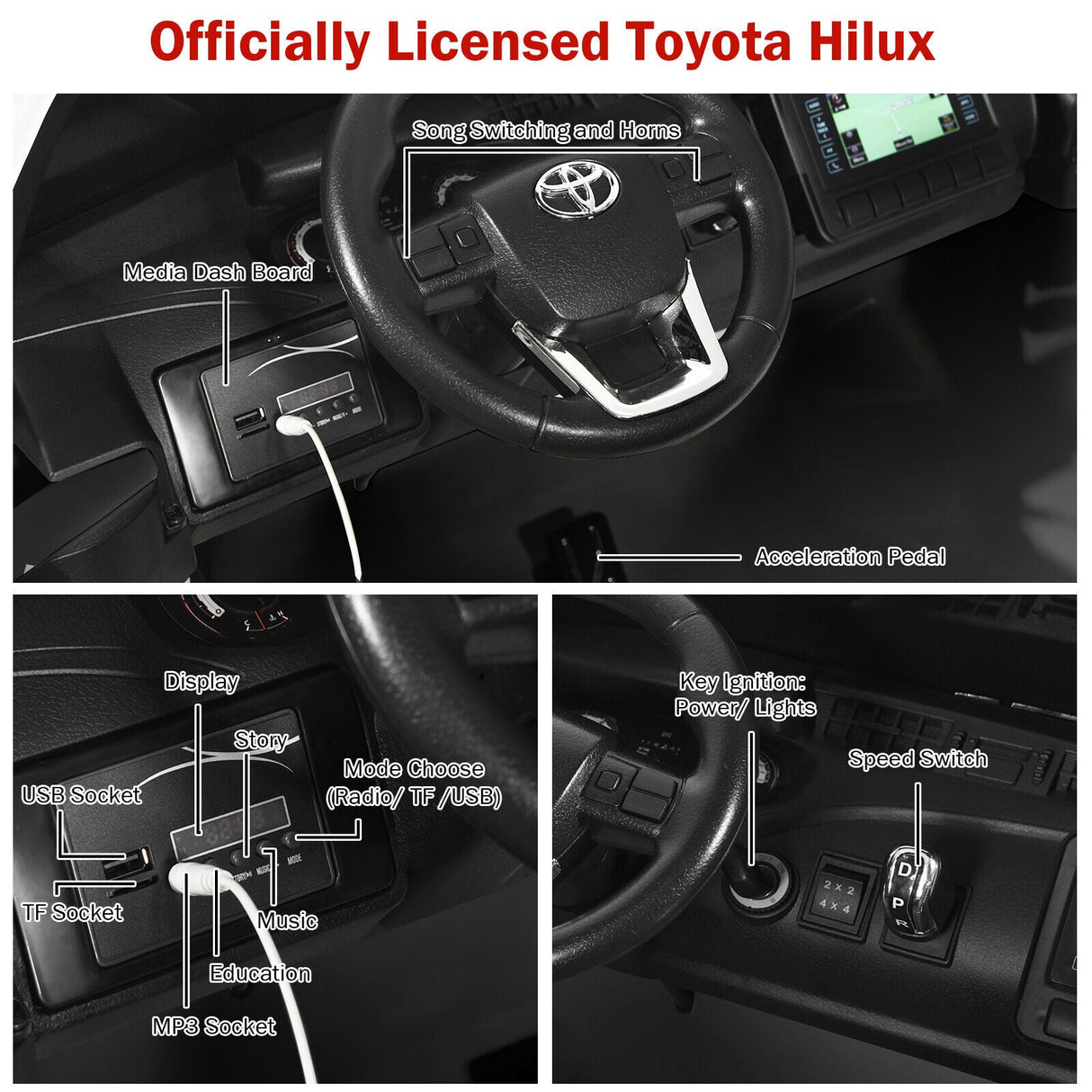2-Seater Toyota Hilux Ride On Truck Car with Remote Control - Black