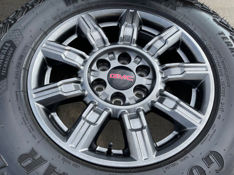 18" GMC Sierra AT4X Chevy Silverado OEM 14131 wheels rims 2025 2026 GOODYEAR M/T Texas Truck Tire