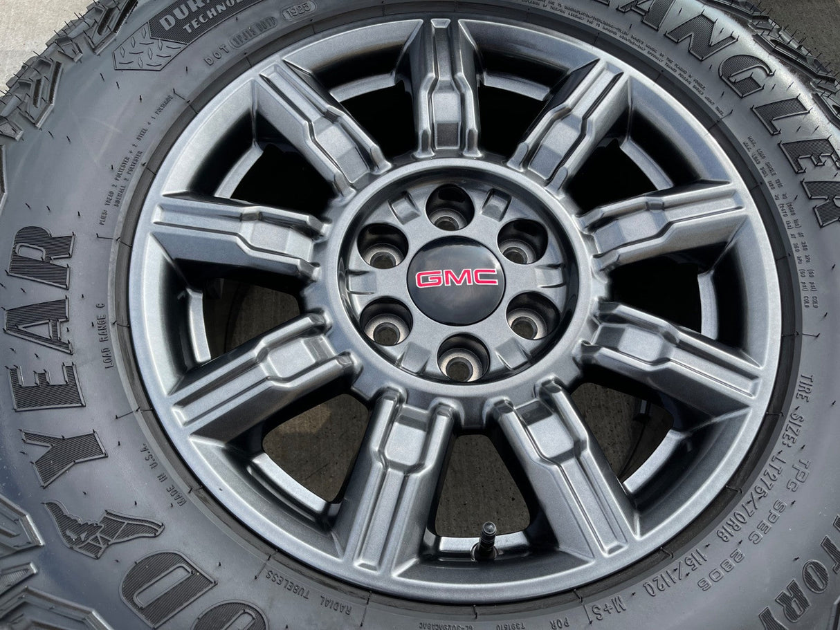18" GMC Sierra AT4X Chevy Silverado OEM 14131 wheels rims 2025 2026 GOODYEAR M/T Texas Truck Tire