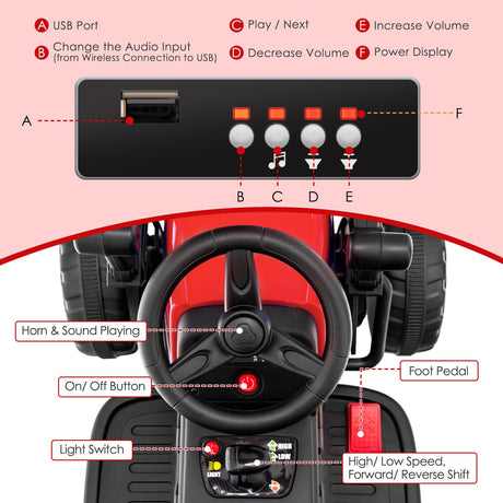 12V Electric Tractor for Kids with Remote Control, LED Lights, and Music - Red