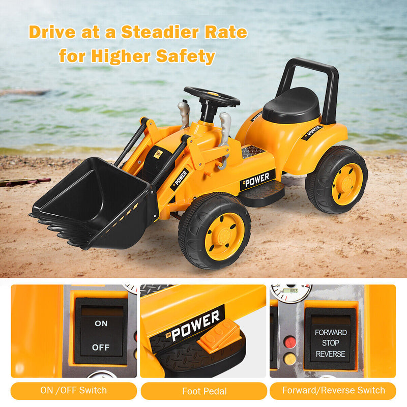 6V Battery Powered Kids Excavator Digger Tractor with Digging Bucket - Yellow