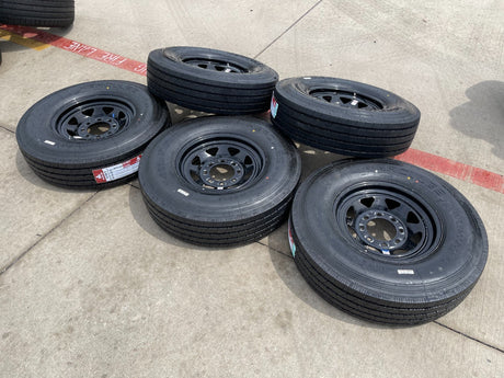 (5) 16x6 16" Dexstar Steel Trailer Gloss Black Wheels Rims Tires 14 PLY 8x6.5 Texas Truck Tire