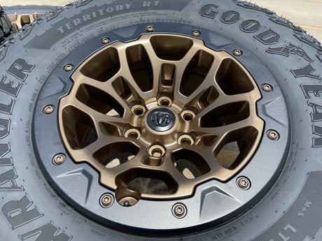 18" Dodge Ram 1500 TRX Beadlock OEM bronze RHO wheels rims 2735 tires 35" NEW Texas Truck Tire