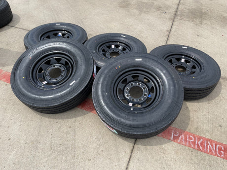 (5) 16x6 16" Dexstar Steel Trailer Gloss Black Wheels Rims Tires 14 PLY 8x6.5 Texas Truck Tire