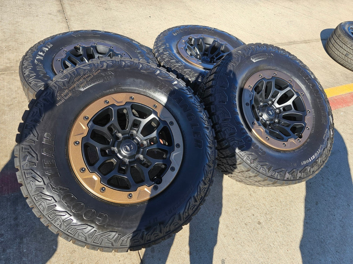 18" Dodge Ram 1500 TRX Beadlock OEM bronze RHO wheels rims 2735 tires NEW 35" Texas Truck Tire