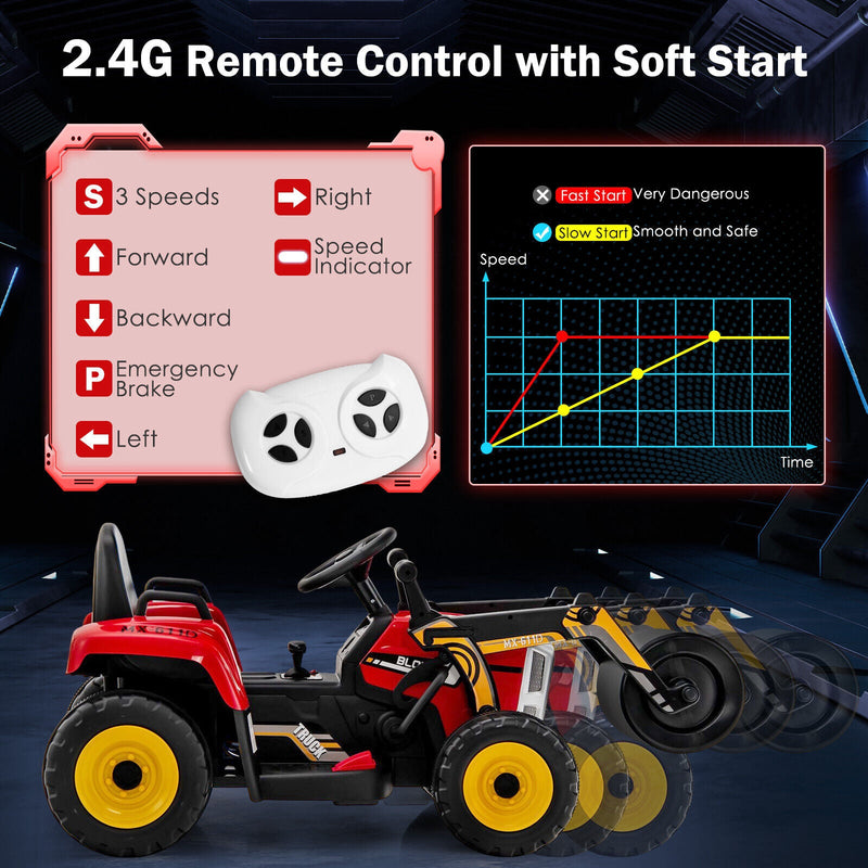 12V Electric Tractor for Kids with Remote Control, Music, and LED Lights - Red