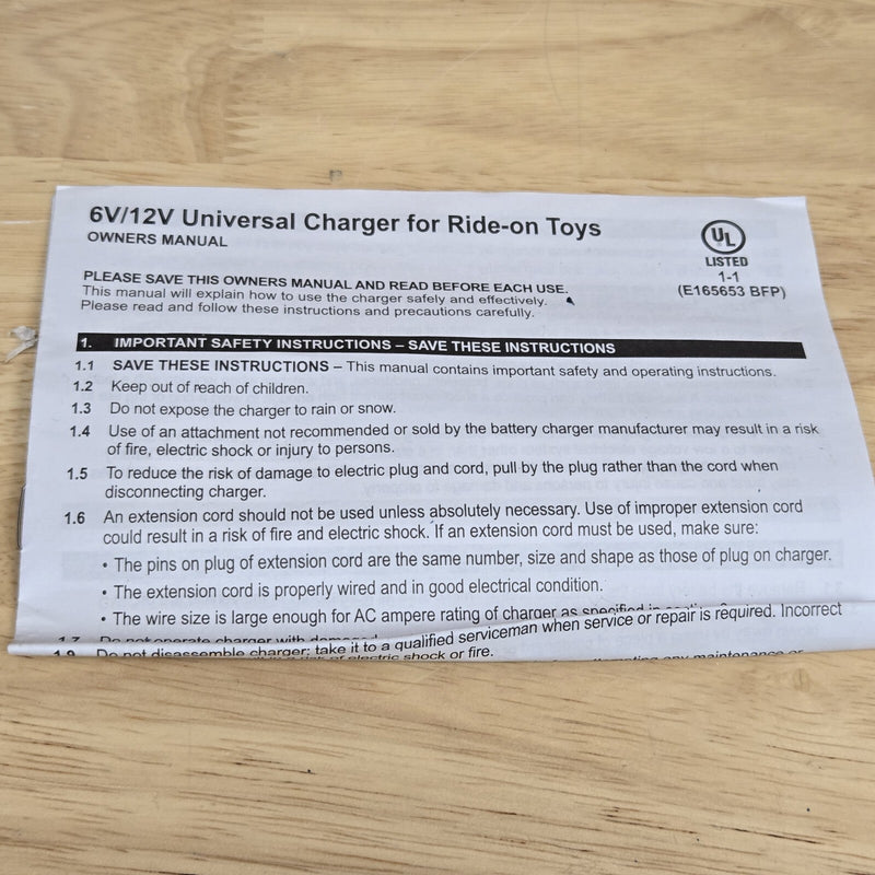 Universal 6/12V Battery Charger for Ride-On Vehicles and Toys