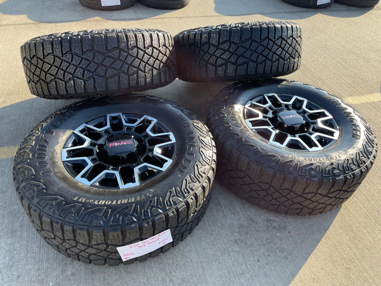 18" GMC Sierra AT4X Chevy Trail Boss 2500 OEM 14136 wheels rims GOODYEAR 35" Texas Truck Tire