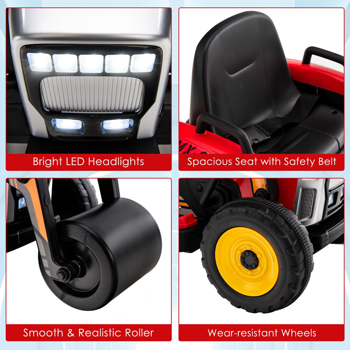 12V Electric Tractor for Kids with Remote Control, Music, and LED Lights - Red