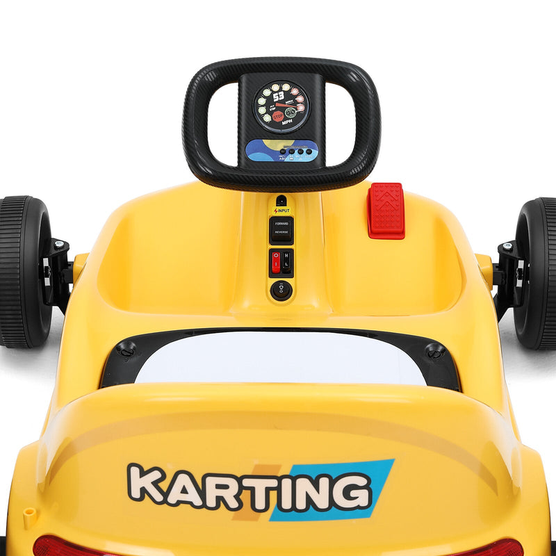 Yellow 12V Battery-Powered Kids Electric Ride-On Go-Kart with 3 Speeds, Music, and Remote Control