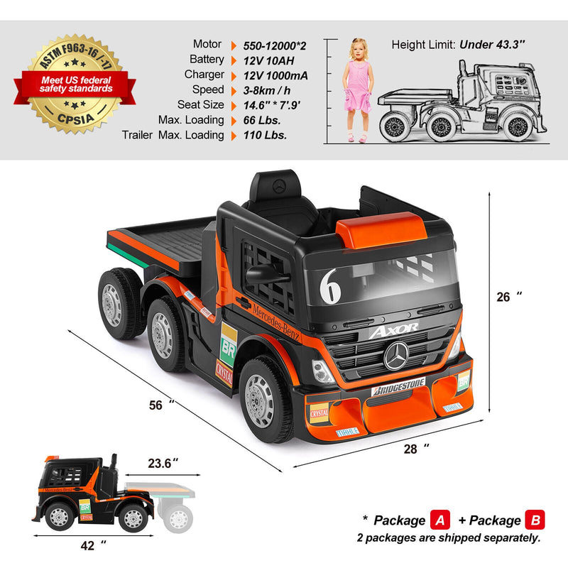 12V10AH Battery Kids Ride On Truck with Swing, Trailer, LED, MP3, and Bluetooth RC Features