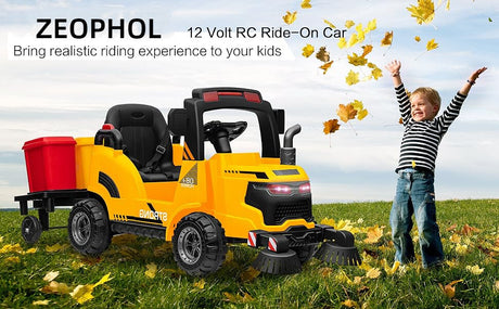 12V Kids Ride-On Construction Sweeper Truck with Trailer and Rubbish Bin Toy Car