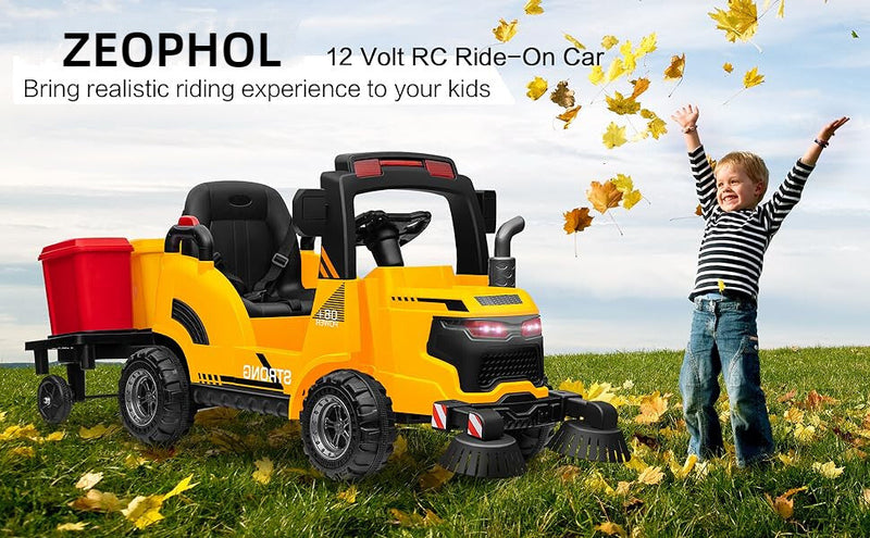 12V Kids Ride-On Construction Sweeper Truck with Trailer and Rubbish Bin Toy Car