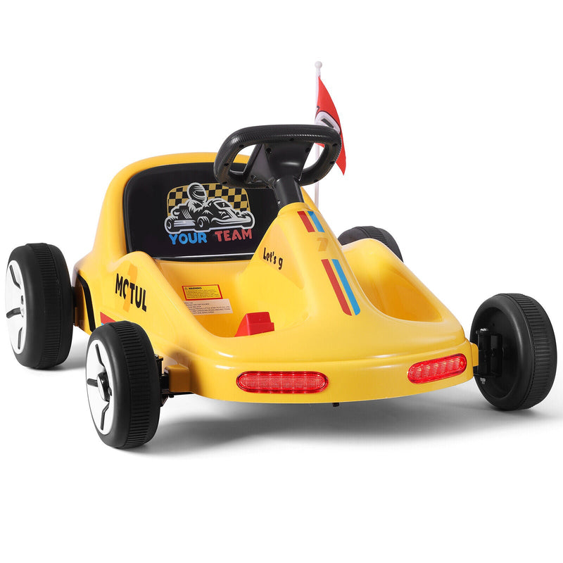 Yellow 12V Battery-Powered Kids Electric Ride-On Go-Kart with 3 Speeds, Music, and Remote Control