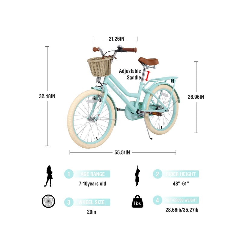 Kids 20/24 Inch Girls Cruiser Bike with Basket Single Speed