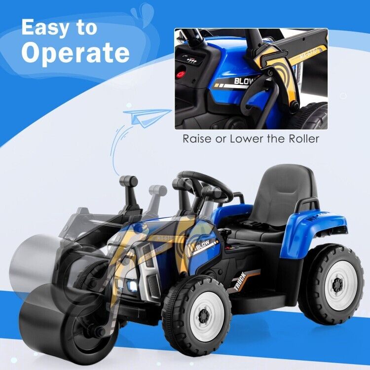 12V Electric Tractor for Kids with Remote Control, Music, and LED Lights - Blue