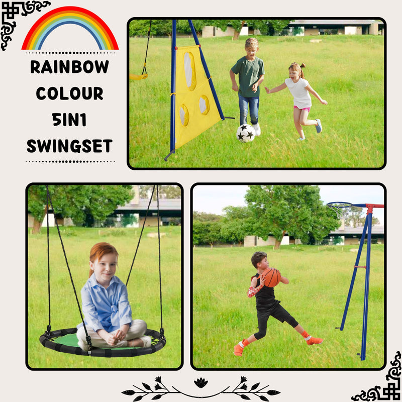 5-in-1 Rainbow Color Swingset with Textilene Swing and Tree Design