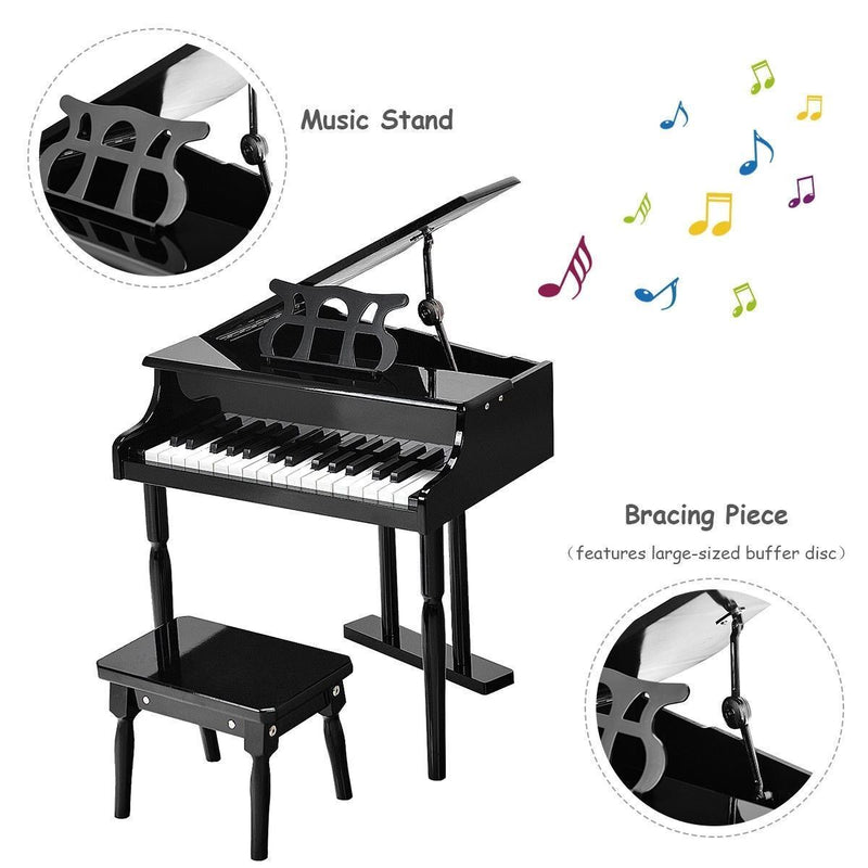 Stylish and Sturdy 30-Key Children's Grand Piano with Bench in Black