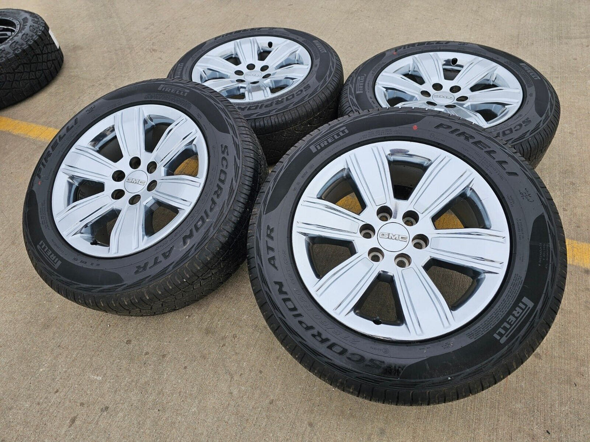 20" GMC Sierra Yukon DENALI OEM wheels rims 5752 chrome tires PIRELLI A/T Texas Truck Tire