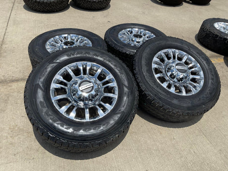 18" Ford F-250 F-350 OEM rims wheels 10290 chrome tires GOODYEAR WRANGLER A/T Texas Truck Tire