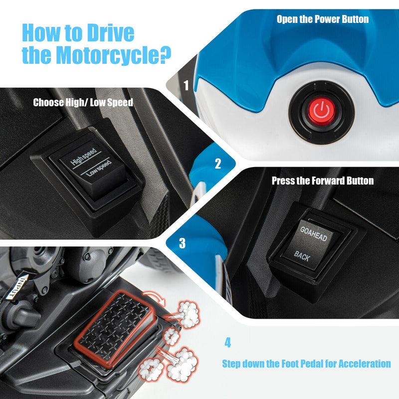 Electric Ride-On Motorcycle for Kids with LED Headlights and Non-Slip Wheels - White