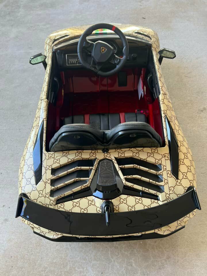 12V Lamborghini Aventador SVJ Children's Ride-On Sports Car with Remote Control and Gucci Wrap