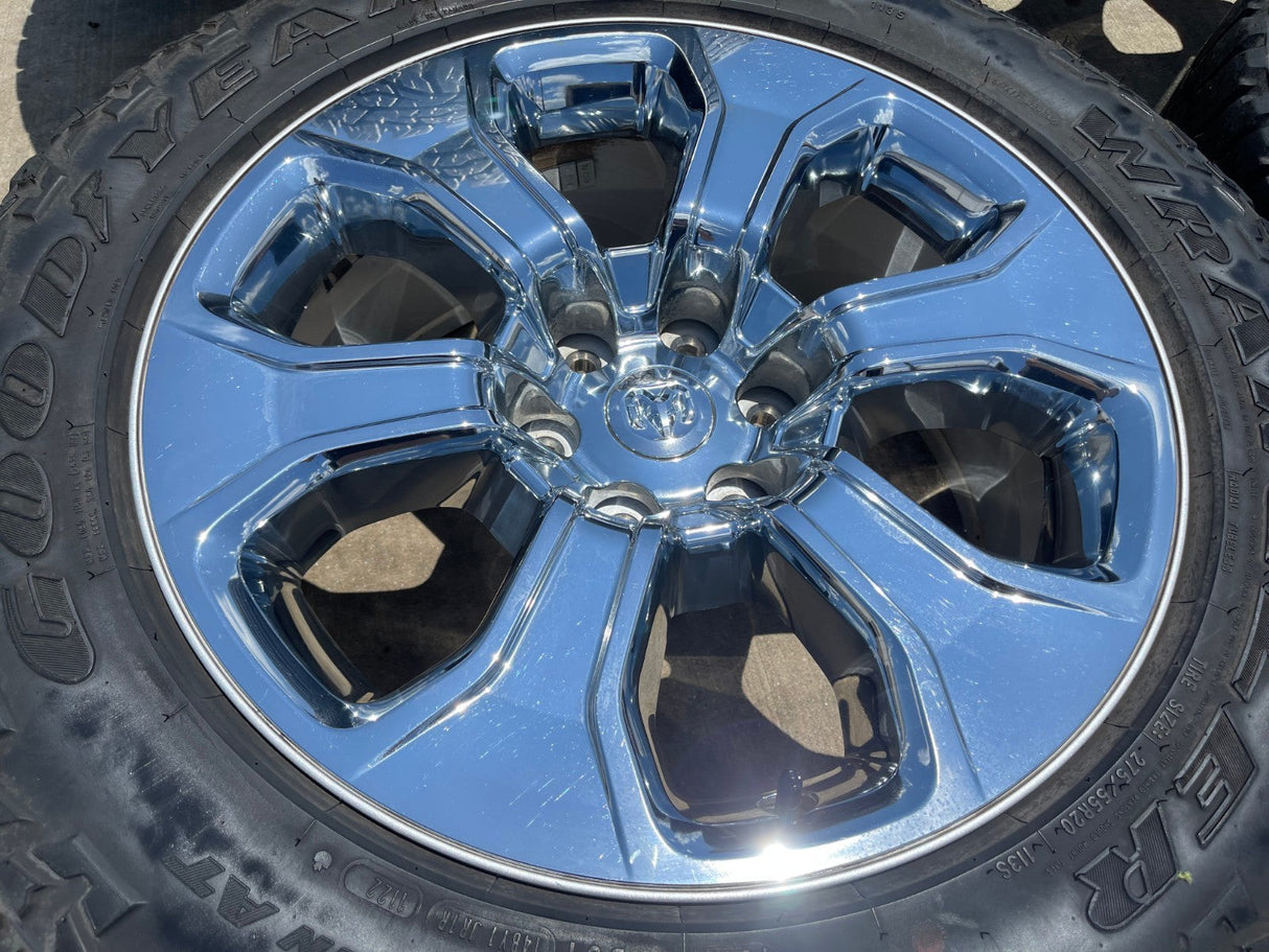 20" Dodge Ram 1500 OEM Laramie CHROME 2679 wheels rims tires GOODYEAR A/T Texas Truck Tire