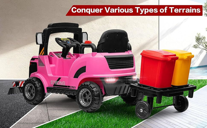 12V Kids Ride-On Construction Sweeper Truck with Trailer and Rubbish Bin Toy Car