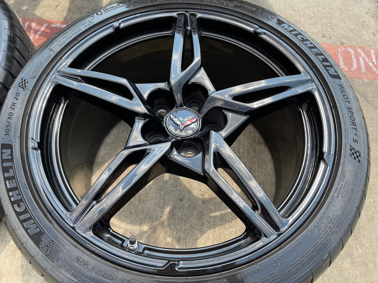 19" + 20" Chevy Corvette C8 OEM 14007 14008 wheels rims BLACK TPMS Texas Truck Tire