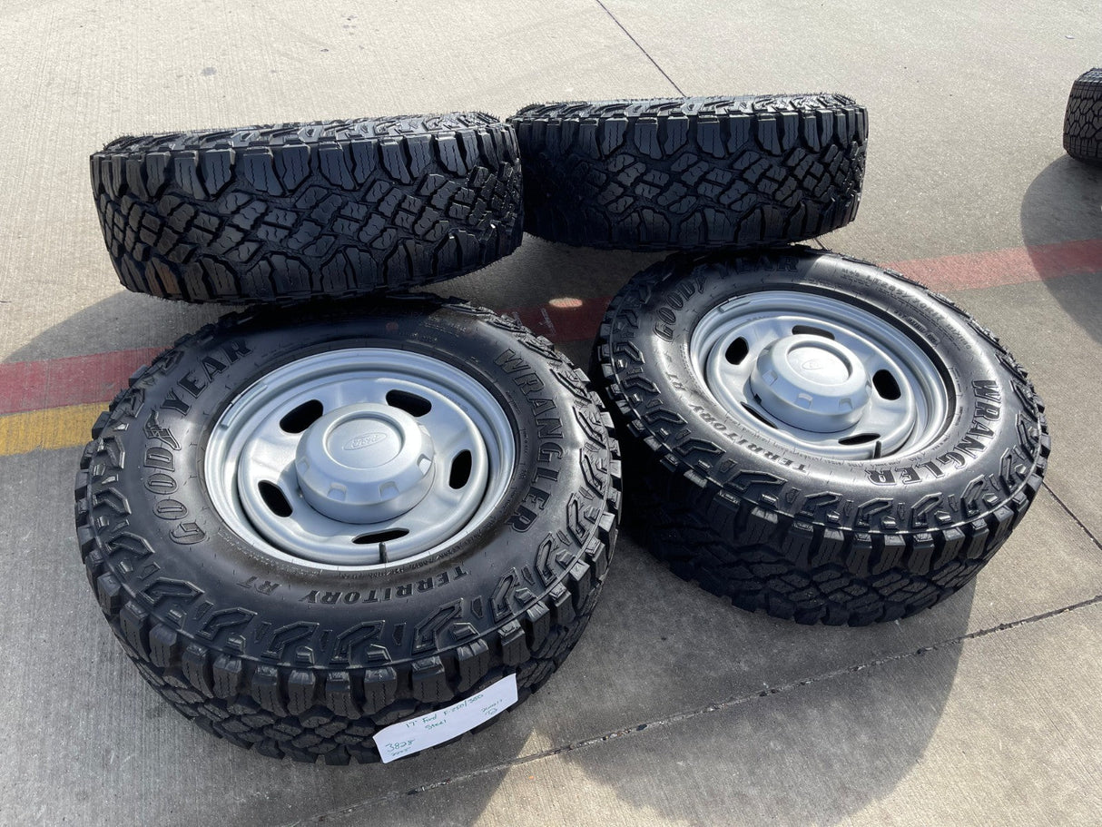 17" Ford F-250 F-350 OEM 3828 wheels rims tires GOODYEAR TERRITORY A/T 33" NEW Texas Truck Tire