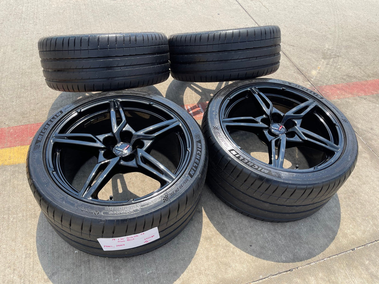 19" + 20" Chevy Corvette C8 OEM 14007 14008 wheels rims BLACK TPMS Texas Truck Tire