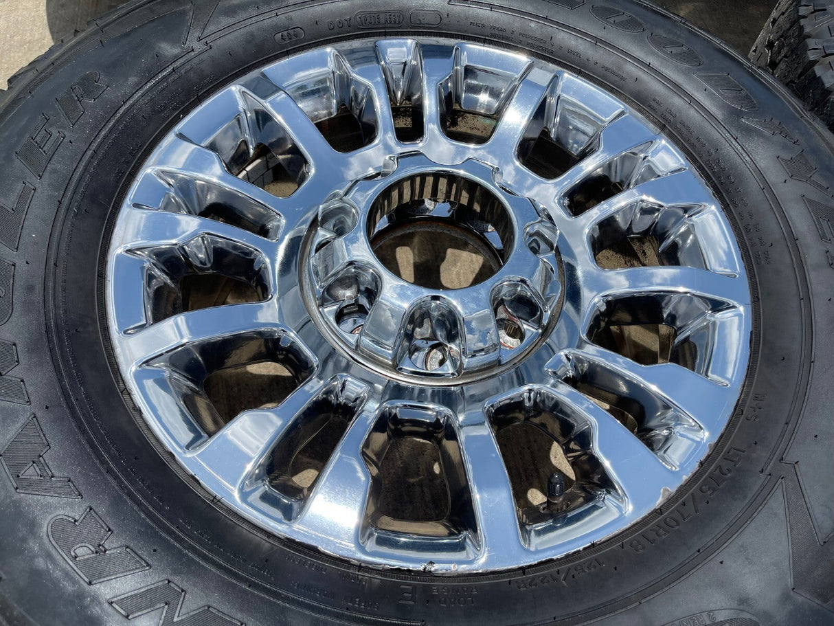18" Ford F-250 F-350 OEM rims wheels 10290 chrome tires GOODYEAR WRANGLER A/T Texas Truck Tire
