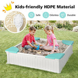 White Outdoor Sandbox with Oxford Cover and 4 Corner Seats for Kids