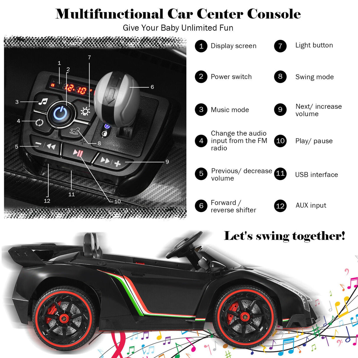 2-Seater Licensed Lamborghini Kids Ride On Car with RC and Swing Function - Black (12V)
