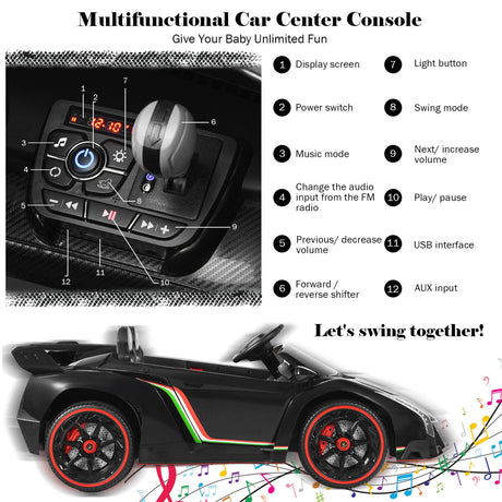 2-Seater Licensed Lamborghini Kids Ride On Car with RC and Swing Function - Black (12V)