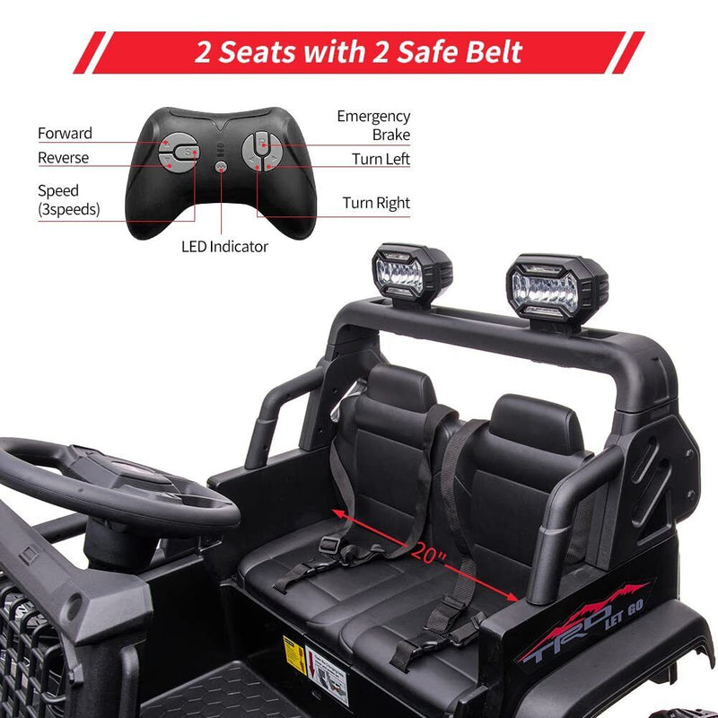 24V Kids Ride On Car in Black with Remote Control - 2 Seater 20” Extra Large Seat Truck