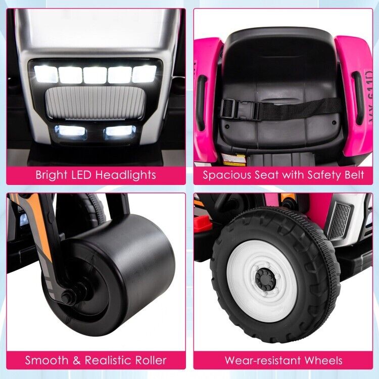 12V Electric Pink Tractor with Remote Control, Music, and LED Lights for Kids