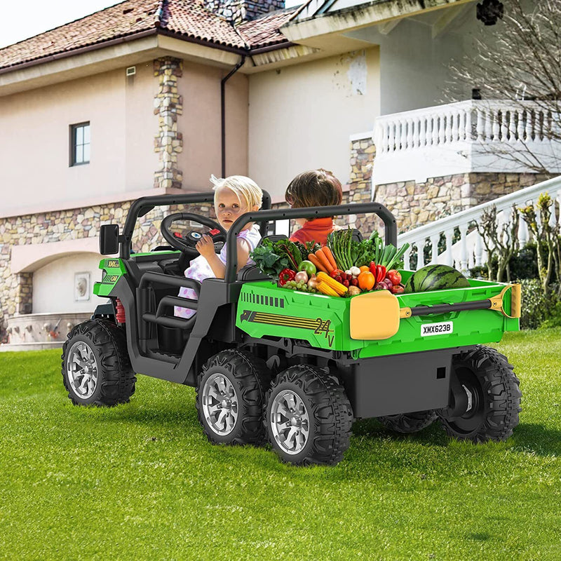 Green 2-Seat Dump Truck Ride-On Toy with 24V Battery Power and 6 Wheels for Kids
