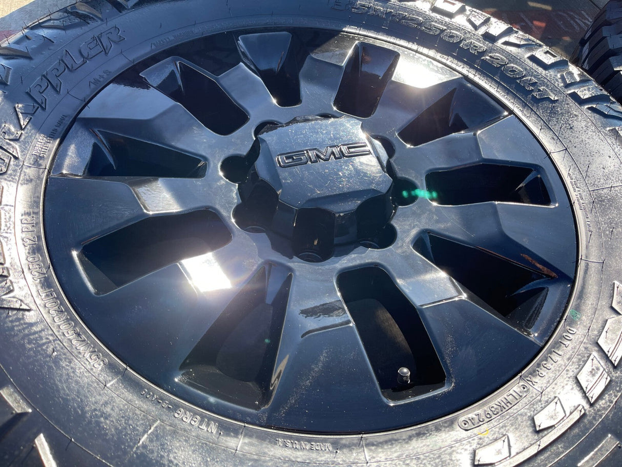 20" GMC Sierra Chevy Silverado 2500 3500 OEM 5960 5947 wheels rims NEW 35" Texas Truck Tire