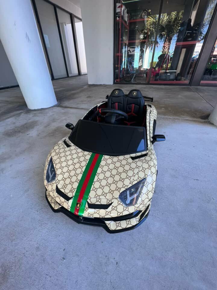 12V Lamborghini Aventador SVJ Children's Ride-On Sports Car with Remote Control and Gucci Wrap