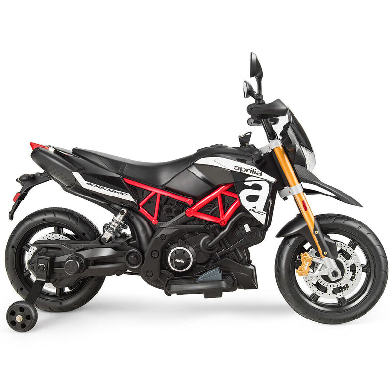 12V Kids Ride-On Aprilia Motorcycle with Training Wheels - Black
