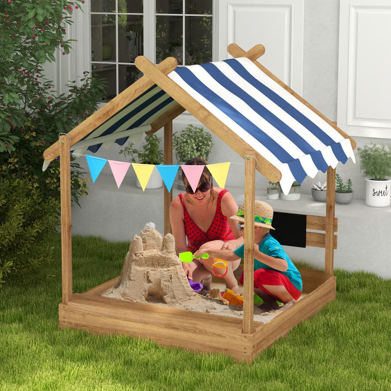 Wooden Sandbox with Canopy and Playhouse Design for Ages 3-7 Years Brown